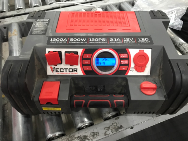 Photo 2 of VECTOR 1200 Peak Amp Jump Starter, PPRH5V, Battery Booster, Dual Power Inverter, 120 PSI Air Compressor, USB Charging Port, Rechargeable