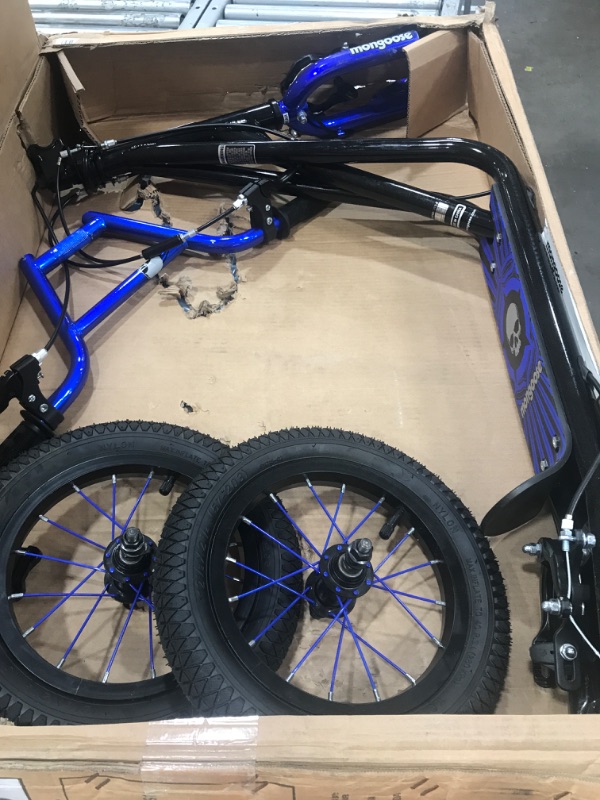 Photo 2 of ***PARTS ONLY ***Mongoose Expo Youth Scooter, Front and Rear Caliper Brakes, Rear Axle Pegs, 12-Inch Inflatable Wheels, Non Electric Black/Blue