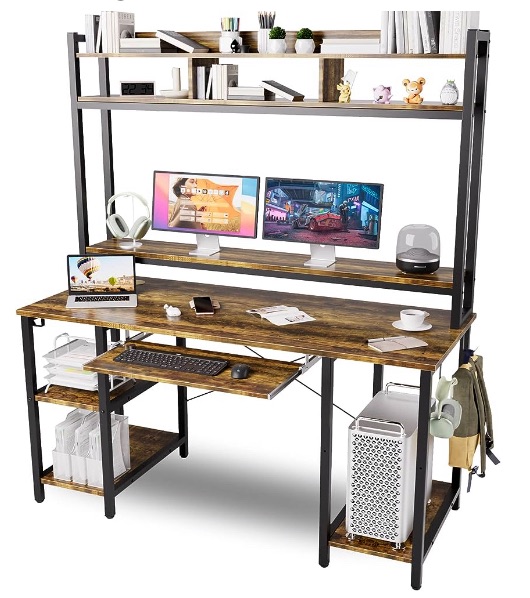 Photo 1 of Computer Desk with Hutch Bookshelves, Storage Shelves, Keyboard Tray, Home Office Study Work Desk 53 inch Width, 70 inch High