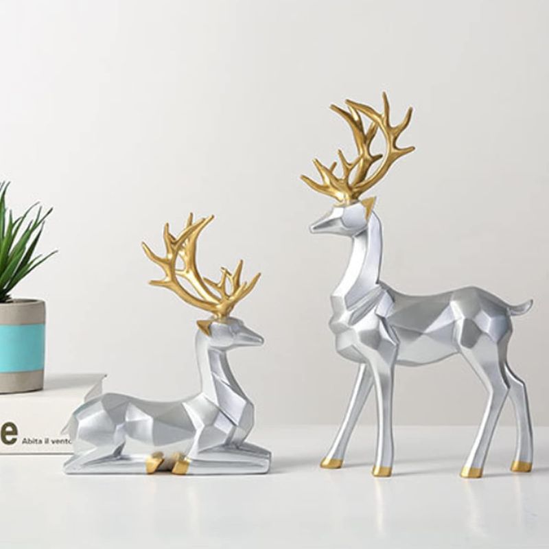 Photo 1 of 2 Pairs Reindeer Statue Deer Statue Resin Figurine Deer Decorations for Home Decor Nordic Deer Statue Fireplace Window Desk Bedroom Shelf Ornament for Home Living Room Office (Silver, Medium)
