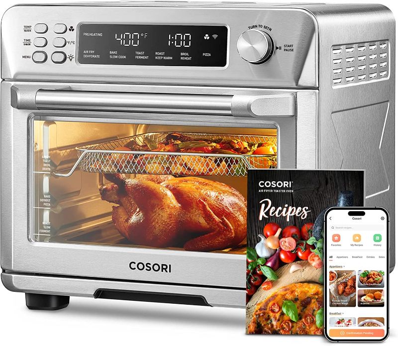 Photo 1 of *MAJOR DAMAGE BUT TURNS ON* COSORI Toaster Oven Air Fryer Combo, 12-in-1, 26QT Convection Oven Countertop, Stainless Steel with Toast Bake and Broil, Smart, 6 Slice Toast, 12'' Pizza, 75 Recipes&Accessories
