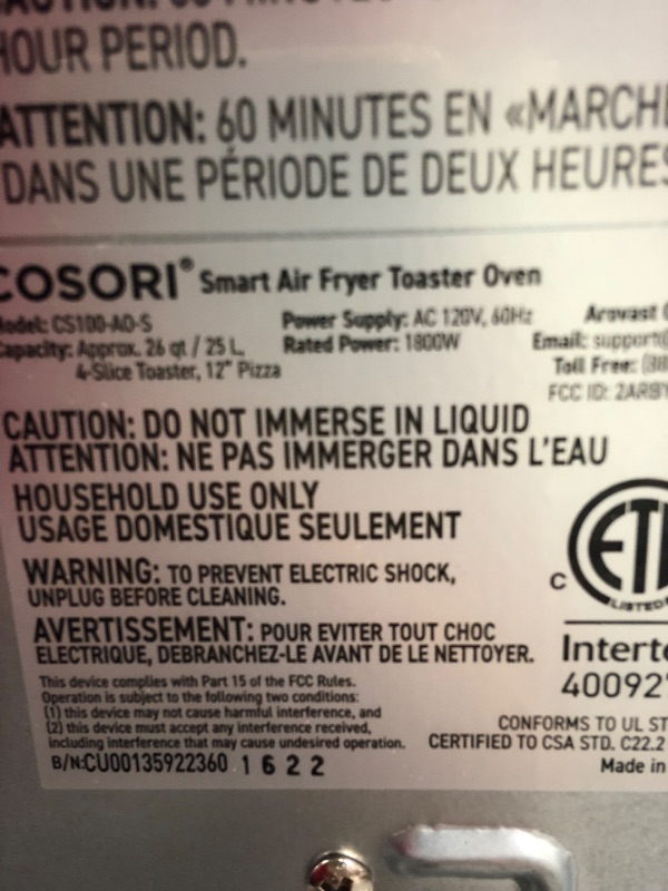 Photo 5 of *MAJOR DAMAGE BUT TURNS ON* COSORI Toaster Oven Air Fryer Combo, 12-in-1, 26QT Convection Oven Countertop, Stainless Steel with Toast Bake and Broil, Smart, 6 Slice Toast, 12'' Pizza, 75 Recipes&Accessories
