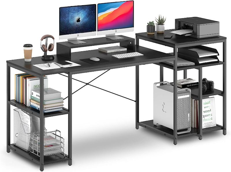 Photo 1 of HYPIGO Desk with Printer Space Home Office Desks  Computer Desk with Storage Study Table Writing Desk with Shelves and Bookshelf Large Gaming Desk with Monitor Shelf Easy Assemble, Black
