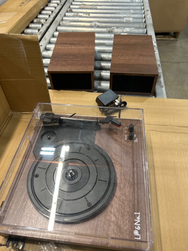 Photo 2 of LP&No.1 Bluetooth Vinyl Record Player with External Speakers, 3-Speed Belt-Drive Turntable for Vinyl Albums with Auto Off and Bluetooth Input DarkBrown Wood