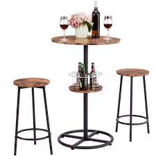 Photo 1 of 3-Piece Bar Table Set with Wine Rack, Round Bistro Table with 2 Stools for Breakfast Nook, Kitchen Brown DiningTable Set
