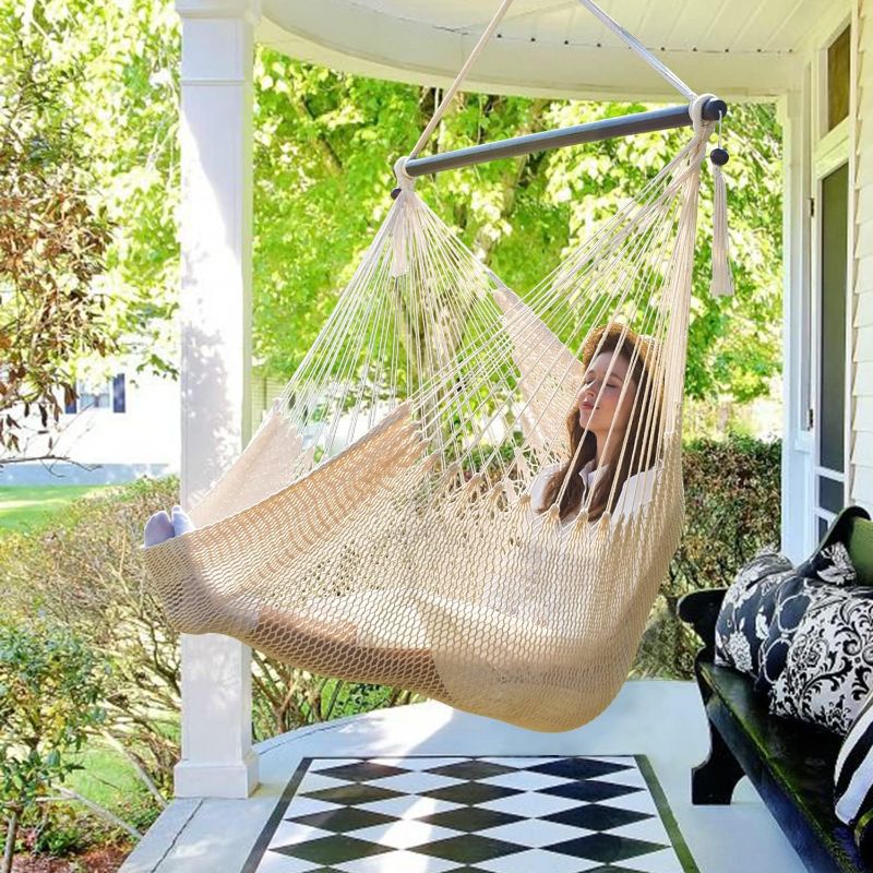 Photo 1 of Bathonly Large Hammock Chair with Spreader Bar, Caribbean Hammock Swing Chair, XL Hammock Chair Outdoor Indoor, 330 LBS Weight Capacity, Beige
