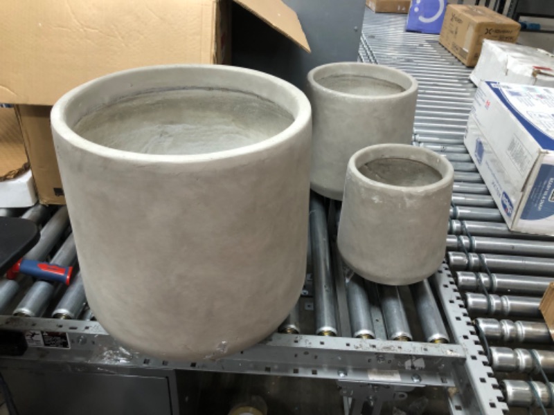 Photo 4 of 17.3 in., 13.4 in. & 10.6 in. H Round Weathered Concrete Planter, Outdoor Indoor Large Containers w/Drainage Holes Set-3