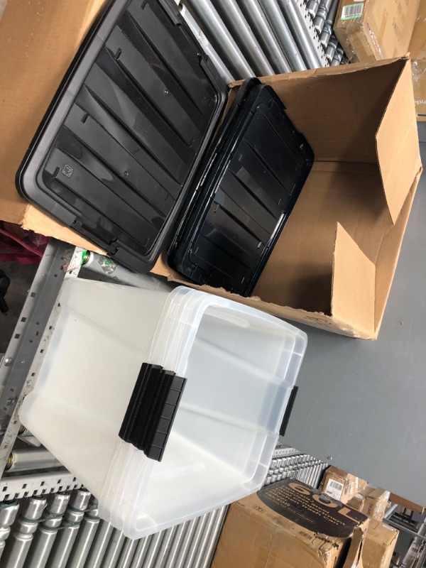 Photo 2 of ***DAMAGE TO LIDS AND EDGES OF TOTES**
IRIS USA 53 Qt. Plastic Storage Bin Container with Durable Lid and Secure Latching Buckles, 4-Pack, Sturdy Stackable Nestable Organizer Tote with Pull Handle for Easy Access and Storage, Clear/Black 53 Qt. - 4 Pack