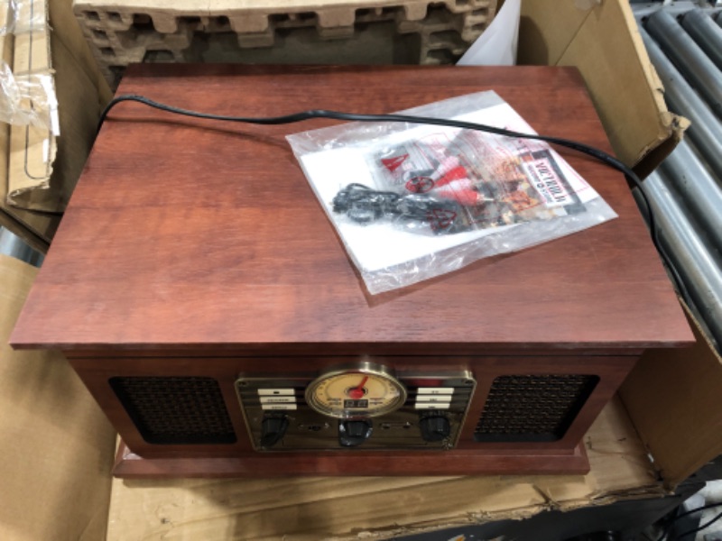 Photo 2 of ***TESTED/ POWERS ON***Victrola Nostalgic 6-in-1 Bluetooth Record Player & Multimedia Center with Built-in Speakers - 3-Speed Turntable, CD & Cassette Player, FM Radio | Wireless Music Streaming | Mahogany Mahogany Entertainment Center