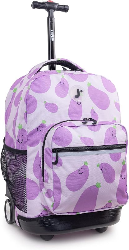 Photo 1 of J World New York Sunrise Kids Rolling Backpack for Girls Boys Teen. Roller Bookbag with Wheels, Mr. Eggplant, 18"
