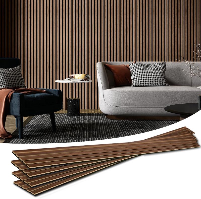 Photo 1 of Art3d 4-Piece Wood Slat Acoustic Panels for Stylish Decor and Noise Reduction, 3D Textured Panel for Ceiling and Wall, Walnut
