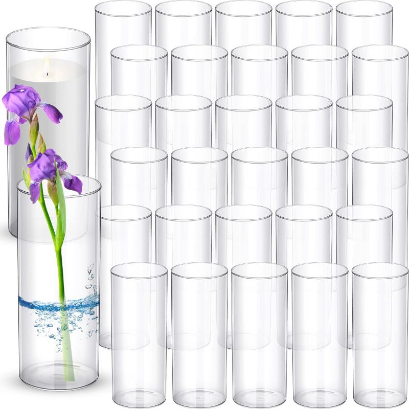 Photo 1 of 35 Pcs Clear Glass Cylinder Vases Bulk 10 Inch Tall Floating Candle Holders Glass Flower Vase Hurricane Candle Holder Table Centerpieces Vases for Wedding...
