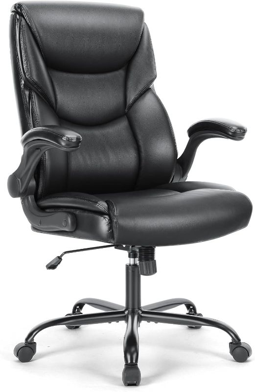 Photo 1 of Executive Office Chair – Ergonomic Adjustable Computer Desk Chairs with High Back Flip-up Armrests, Swivel Task Chair with Lumbar Support, Bonded Leather, C-2892-BK
