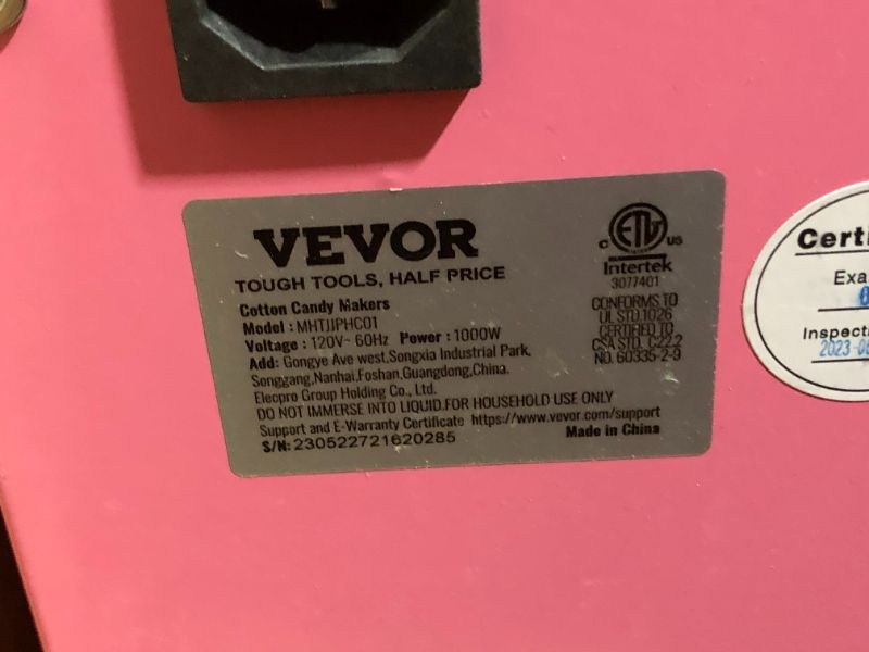 Photo 7 of ***NOT FUNCTIONAL - FOR PARTS - NONREFUNDABLE - SEE NOTES***
VEVOR Electric Cotton Candy Machine 1000W Commercial Pink with Wheels