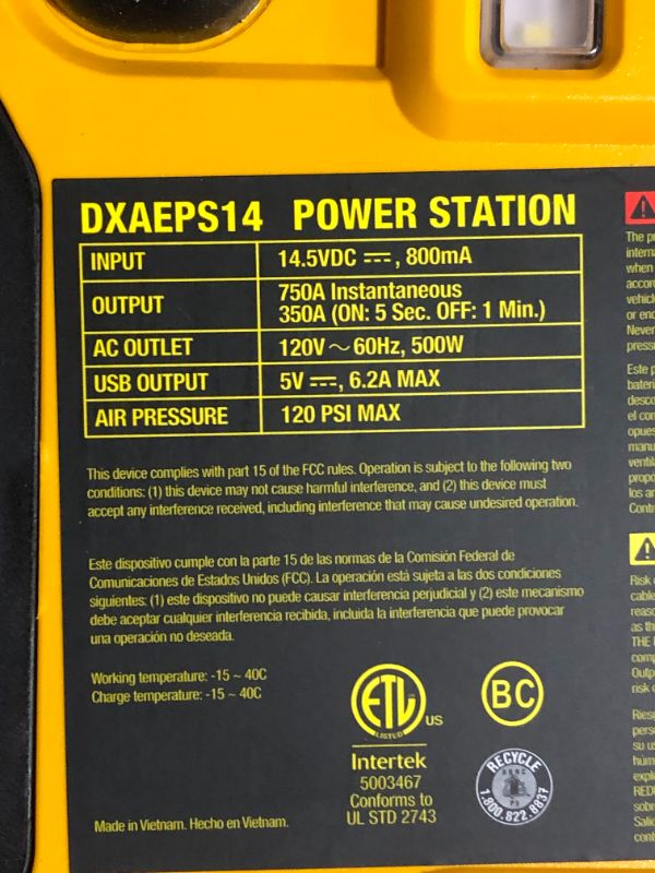 Photo 3 of ***POWERS ON - UNABLE TO TEST FURTHER***
DEWALT DXAEPS14 1600 Peak Battery Amp 12V Automotive Jump Starter