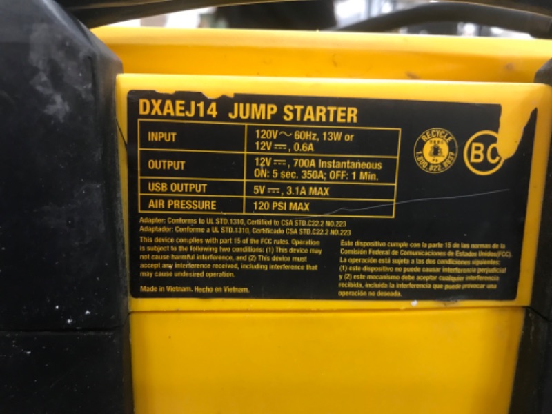 Photo 2 of ***SEE NOTE*** DEWALT DXAEJ14 Digital Portable Power Station Jump Starter: 1400 Peak/700 Instant Amps, 120 PSI Digital Air Compressor, 3.1A USB Ports, Battery Clamps , Yellow