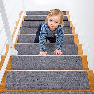 Photo 1 of  Non-Slip Carpet Stair Treads for Wooden Steps, 8" X 30" 10PCS Indoor Self-Adhesive Safety Rug Slip Resistant Stair Treads Carpet Runner Mats for Elders, Kids, Pets (Light Grey)