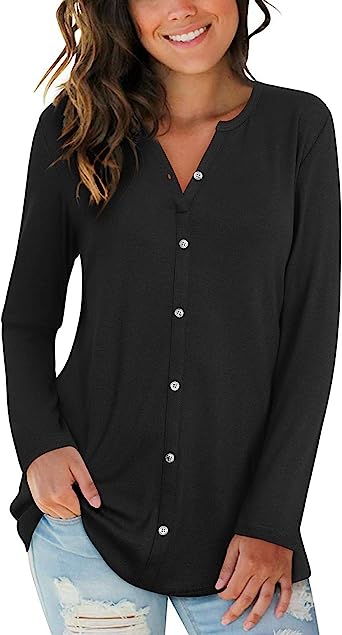 Photo 1 of LAISHEN Women's Long/Short Sleeve Tunic Tops V Neck Button Down Blouse Casual Loose Fit Shirts 2023 L