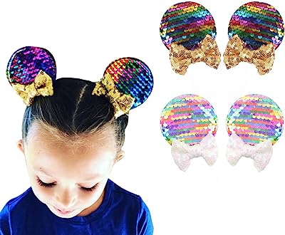 Photo 1 of JIAHANG Multicolor Mouse Ears Clips Sequin Bow Barrettes Rainbow Color Glittering Hair Accessories 2 Pairs for Children Girls Theme Costume Party Favor Decoration (rainbow set) 5pack