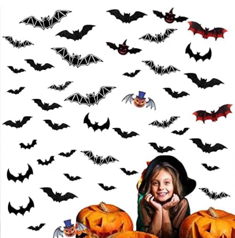 Photo 1 of (PACK OF 4)Halloween Bats Decoration,64 X 4 Pcs 3D Bat Halloween Decoration Stickers for Home Decor Waterproof Black Spooky Bats for Room Decor