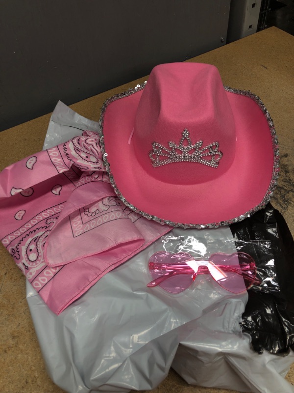 Photo 2 of Cowboy Cowgirl Hat Pink with Heart Shaped Sunglasses Bandanas Christmas Cow Costume Accessories for Girl,Boy,Adults