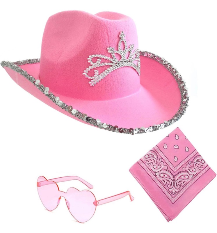 Photo 1 of Cowboy Cowgirl Hat Pink with Heart Shaped Sunglasses Bandanas Christmas Cow Costume Accessories for Girl,Boy,Adults