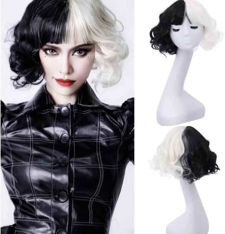 Photo 1 of (PACK OF 2) MAGQOO Half Black White Wig with Bangs Women Girls Short Curly Wavy Wig Black and White Hair Wigs Halloween Cosplay Costume Party Wig