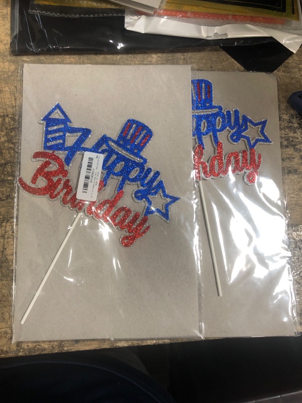 Photo 2 of 4th of July Happy Birthday Cake Topper Red White Blue Glitter, Patriotic Happy Birthday Cake Topper, Fourth of July Birthday Party Cake Decorations