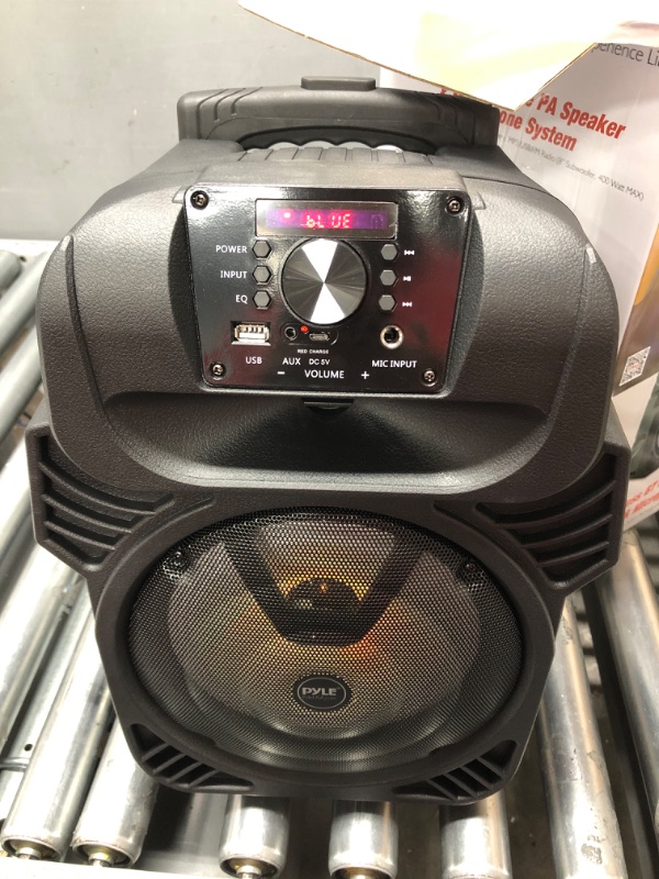 Photo 2 of (small scratch damage  )400W Portable Bluetooth PA Loudspeaker - 8” Subwoofer System, 4 Ohm/55-20kHz, USB/MP3/FM Radio/ ¼ Mic Inputs, Multi-Color LED Lights, Built-in Rechargeable Battery w/ Remote Control - Pyle PPHP844B`