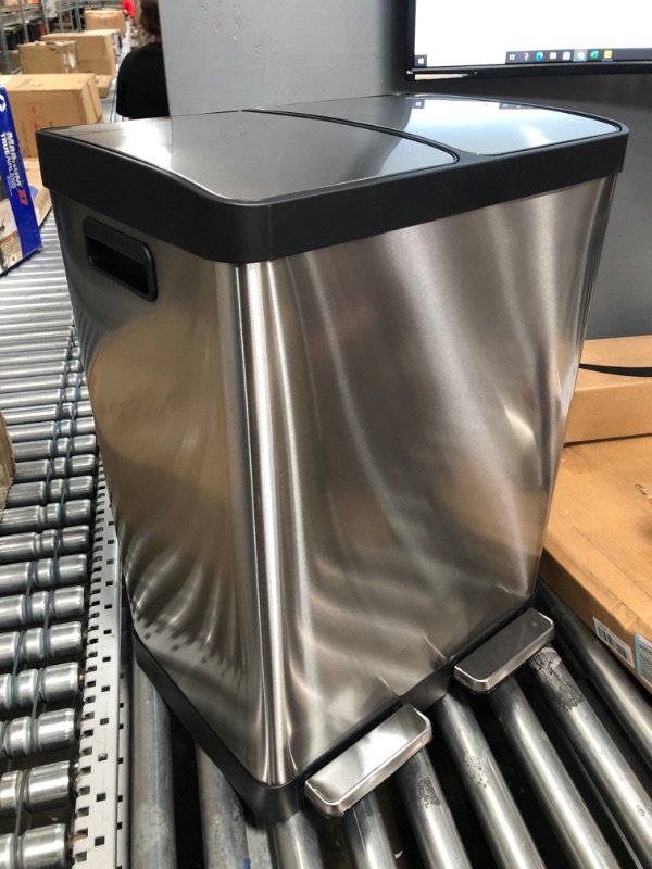 Photo 2 of **MINOR DENTS**iTouchless 16 Gallon Dual Step Trash Can & Recycle, Stainless Steel Lid and Bin Body with Handle, Includes 2 x 8 Gallon (60L) Removable Buckets are Color-Coded, Soft-close and Airtight Lid, Silver Open Top, Dual 8 + 8(16 Gallon)