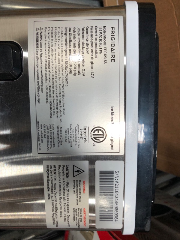 Photo 4 of **MINOR WEAR & TEAR, DENTS **Frigidaire EFIC123-SS Counter Top Maker, Produces 26 pounds Ice per Day, Stainless Steel, Stainless Stainless Maker