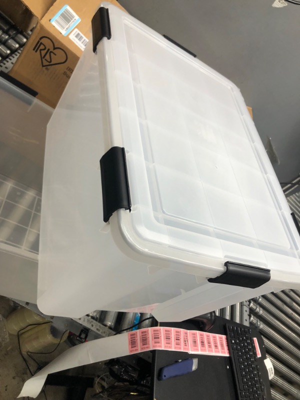 Photo 2 of ***MISSING ONE LID***

IRIS USA 74 Quart WEATHERPRO Plastic Storage Box with Durable Lid and Seal and Secure Latching Buckles, Weathertight, Clear with Black Buckles, 2 Pack, 585449 74 Qt. - 2 Pack