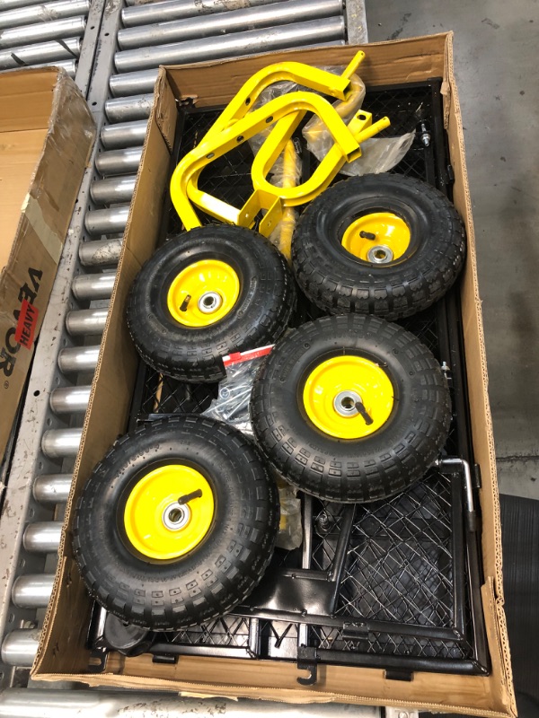 Photo 2 of **DAMAGED TIRE**VEVOR Steel Garden Cart, Heavy Duty 900 lbs Capacity, with Removable Mesh Sides to Convert into Flatbed, Utility Metal Wagon with 180° Rotating Handle and 10 in Tires, Perfect for Garden, Farm, Yard