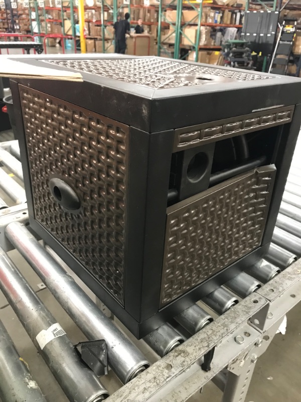 Photo 2 of **MINOR DENT**AMES 2519500 NeverLeak Hose Reel Cabinet Box, 100 Ft. Capacity, Decorative with Wicker Look, Auto Track Rewinding, Black Metal, Brown