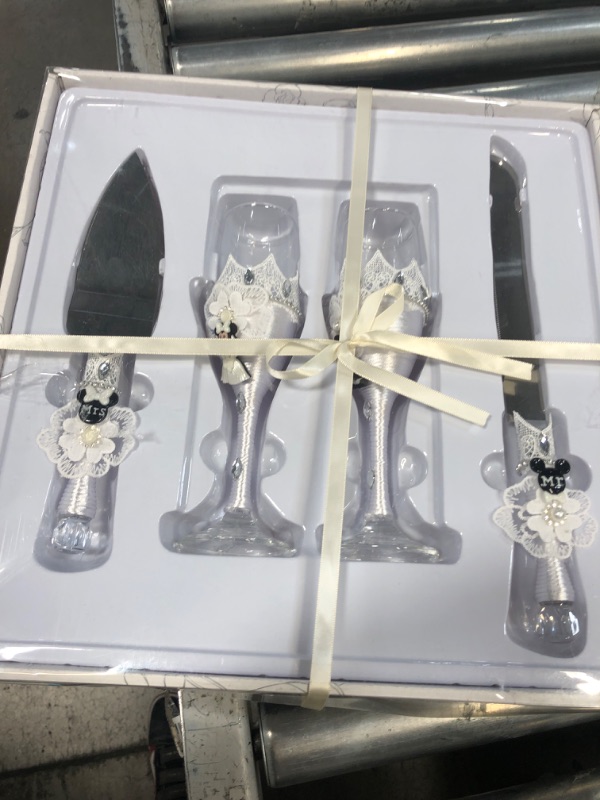 Photo 2 of 4 Piece Mickey Mouse and Minnie Mouse Wedding Cake Knife and Server Set with Champagne Toasting Glass Flutes Flower Design
