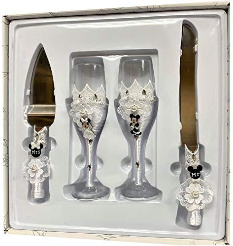 Photo 1 of 4 Piece Mickey Mouse and Minnie Mouse Wedding Cake Knife and Server Set with Champagne Toasting Glass Flutes Flower Design
