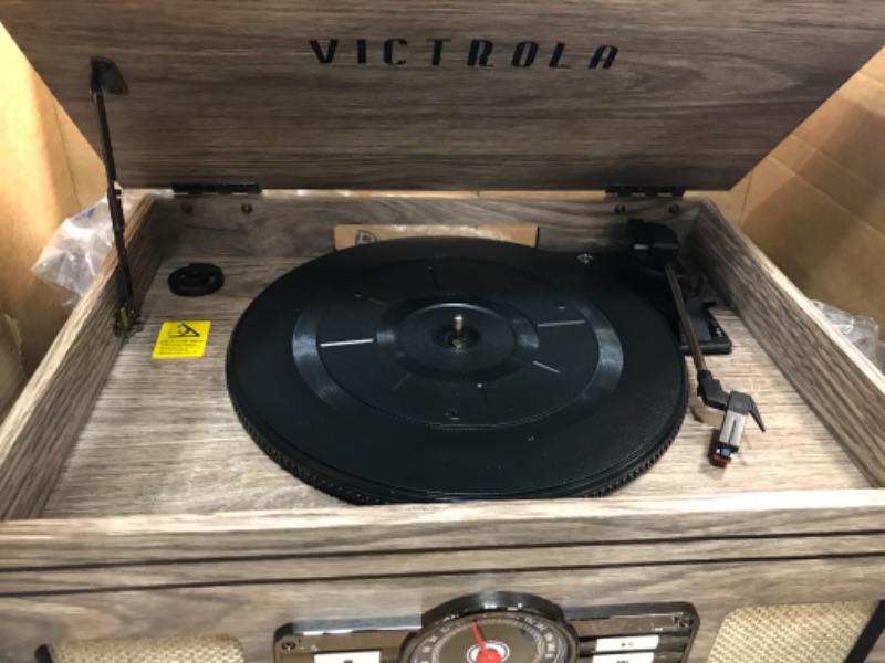 Photo 3 of nonfunctional* Victrola Nostalgic 6-in-1 Bluetooth Record Player & Multimedia Center with Built-in Speakers - 3-Speed Turntable, CD & Cassette Player, AM/FM Radio | Wireless Music Streaming White (VA-30-WHT) Farmhouse Oatmeal Entertainment Center + Stand 