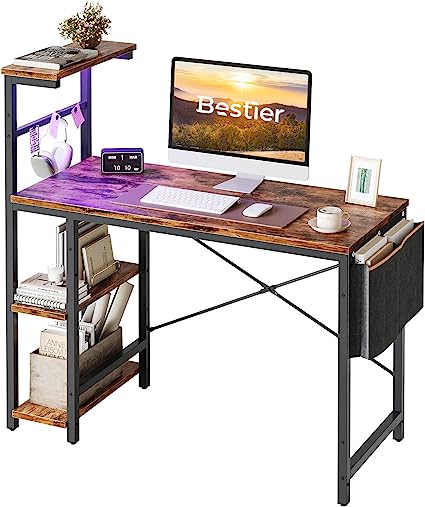 Photo 1 of Bestier Computer Desk with LED Lights, Gaming Desk with 4 Tier Shelves, 44 Inch Office Desk with Storage Bag & Printer Shelf (Rustic Brown)