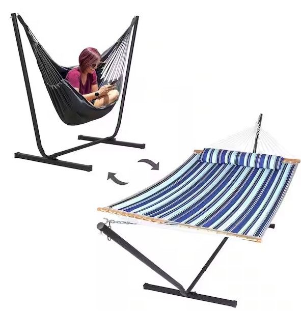 Photo 1 of 12 ft. 2-in-1 Indoor/Outdoor Hammock Swing Chairs with Stand Included, Heavy-Duty Hammock in Blue Stripes (2-Person)
