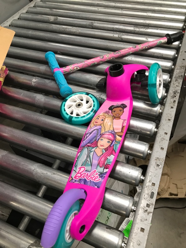 Photo 2 of ***MISSING SCREW FOR WHEEL***Self Balancing Kick Scooter - Extra Wide Deck, 3 Wheel Platform, Foot Activated Brake, 75 Lbs Limit, Kids & Toddlers, Girls Or Boys, Ages 3 and Up Barbie