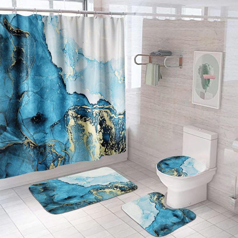 Photo 1 of 4 Pcs Modern Blue and Gold Marble Art Painting Shower Curtain Set, Luxury Abstract Fabric Shower Curtain Bathroom Decor Set with 12 Hooks, Waterproof Fabric Abstract Art Bath Curtain Set, 72" x 72"
