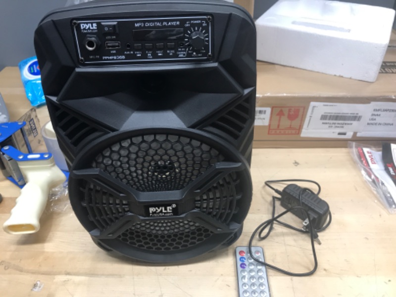 Photo 4 of ***POWERS ON*** Portable Bluetooth PA Speaker System - 300W Rechargeable Indoor/Outdoor Bluetooth Portable PA System w/ 8” Subwoofer 1” Tweeter, Microphone In, Party Lights, MP3/USB, Radio, Remote - Pyle PPHP836B