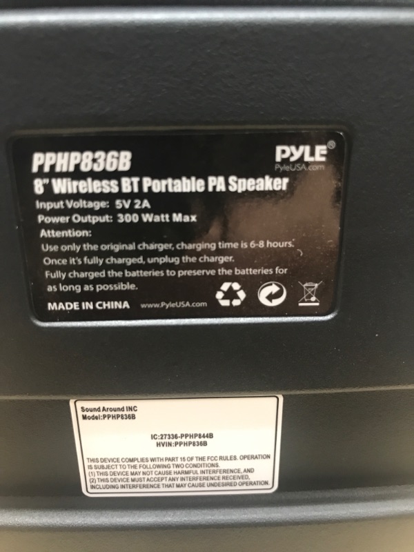 Photo 1 of ***POWERS ON*** Portable Bluetooth PA Speaker System - 300W Rechargeable Indoor/Outdoor Bluetooth Portable PA System w/ 8” Subwoofer 1” Tweeter, Microphone In, Party Lights, MP3/USB, Radio, Remote - Pyle PPHP836B