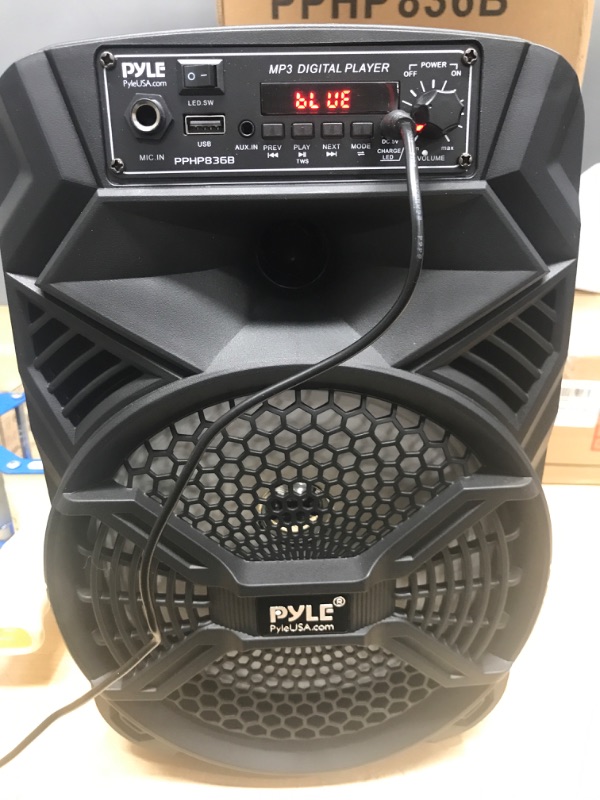 Photo 3 of ***POWERS ON*** Portable Bluetooth PA Speaker System - 300W Rechargeable Indoor/Outdoor Bluetooth Portable PA System w/ 8” Subwoofer 1” Tweeter, Microphone In, Party Lights, MP3/USB, Radio, Remote - Pyle PPHP836B