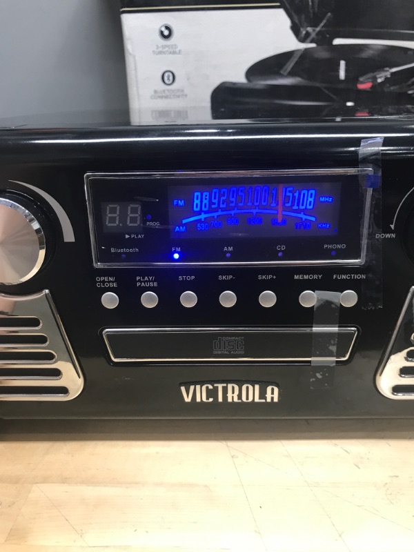 Photo 3 of ***POWERS ON*** Victrola 50's Retro Bluetooth Record Player & Multimedia Center with Built-in Speakers - 3-Speed Turntable, CD Player, AM/FM Radio | Vinyl to MP3 Recording | Wireless Music Streaming | Black Black Record Player