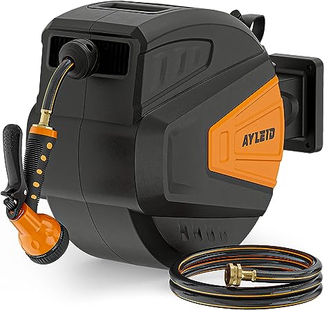 Photo 1 of **USED**
Ayleid Retractable Garden Hose Reel,1/2 in x 100 ft Wall Mounted Hose Reel, with 9- Function Sprayer Nozzle, Any Length Lock/Slow Return System/Wall Mounted/180°Swivel Bracket (Black)