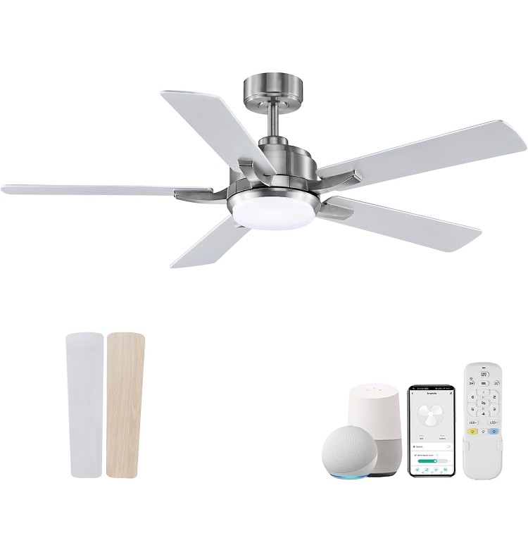 Photo 1 of 52” Smart Outdoor Ceiling Fans with LED Lights and Remote,Quiet DC Motor,6 Speed,Dimmable,Indoor Modern Brushed Nickel Ceiling Fan Controlled by WIFI Alexa App,Gray Silver Wood for Bedroom Patio Porch