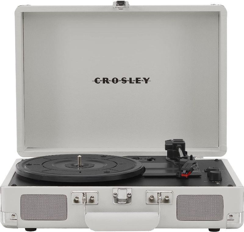 Photo 3 of POWERS ON *** Crosley CR8005F-WS Cruiser Plus Vintage 3-Speed Bluetooth in/Out Suitcase Vinyl Record Player Turntable, White Sand Bluetooth In/Out White Sand