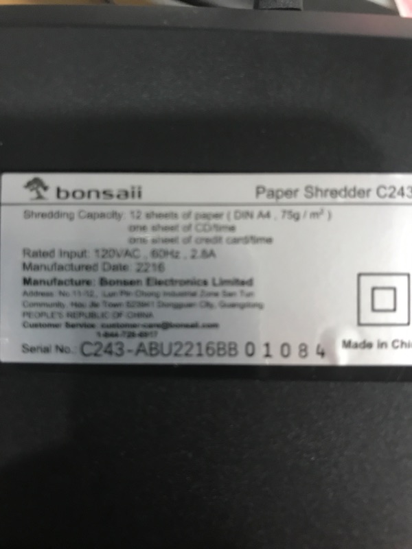 Photo 5 of POWERS ON *** Bonsaii 12 Sheet Cross Cut C243-A Paper Shredder for Home Office Use & 24 Pack Lubricant Sheets