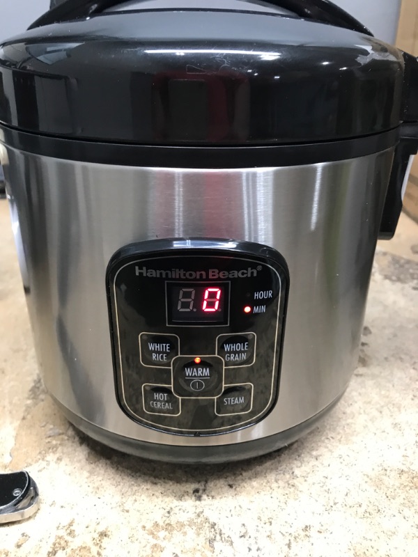 Photo 2 of **COSMETIC DENT** Hamilton Beach Digital Programmable Rice Cooker & Food Steamer, 8 Cups Cooked (4 Uncooked), (37518) 8 Cups Cooked (4 Uncooked) Rice Cooker